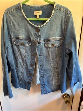 LOGO by Lori Goldstein Light Blue Denim Jacket with Frayed Trim